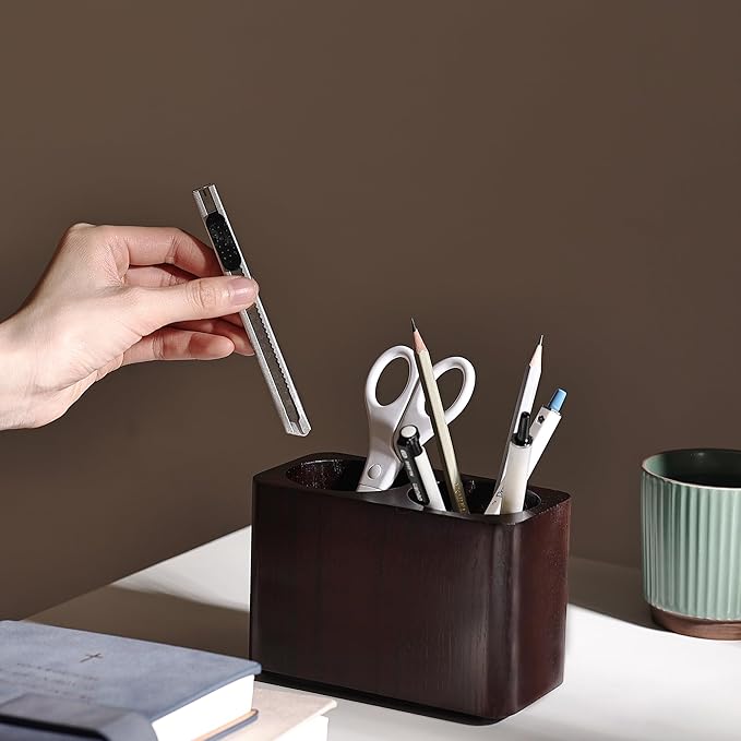 Oak Solid Wood Pen &Pencil Holder for Desk, Office Stationery Organizer, Table Pencil Cup Stand,Desk Accessories Holder, Two Cups Practical Design. (Espresso)