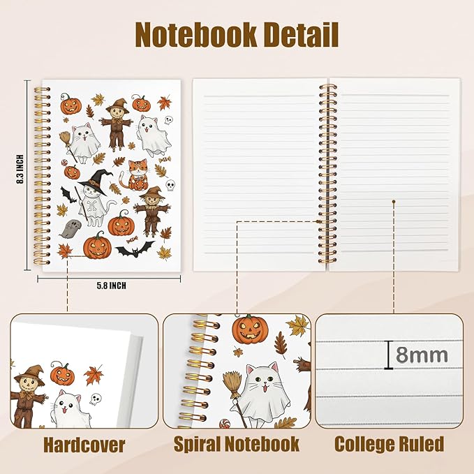 WUCHJ Halloween Notebook, Spooky Pumpkin Ghost Cat Bats Journal, Fall Maple Leaf Scarecrow Spiral Notebook Journal for Note Taking, Fall Halloween Office Supplies, 5.5x8.3 Inch