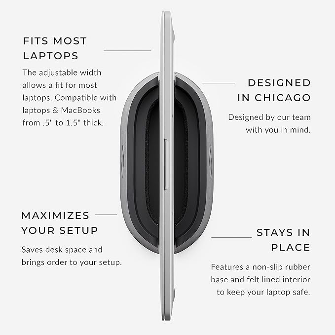 HumanCentric Vertical Laptop Stand in Vegan Black Leather, Upright Adjustable Holder and Dock, Laptop Vertical Stand Fits MacBook Pro and Other Laptops .5" to 1.5", Clamshell Compatible