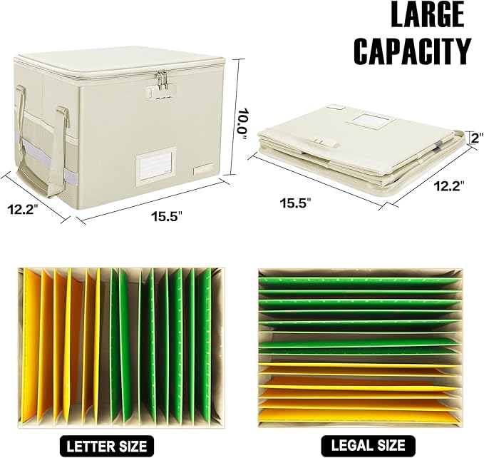 ENGPOW File Box with Lock,Fireproof Document Box with Zipper Lid,Collapsible File Storage Organizer Filing Cabinet with Handles,Portable Home Office Safe for Hanging Letter/Legal Folders,Beige,2 Pack