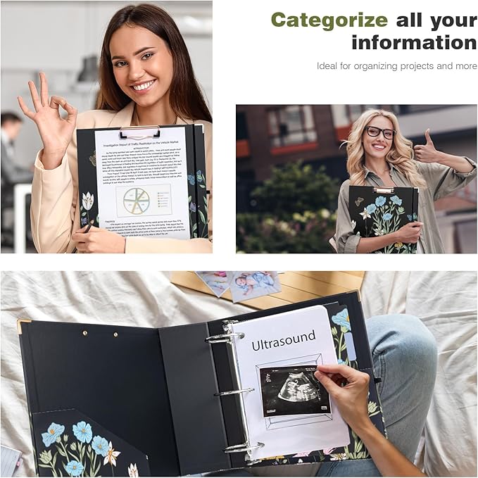 Ospelelf 3 Ring Binder for Letter Size Documents with 5 Tab Dividers, 3 Inch Ring, 4.4 Inch Spine, Black Floral Binder with Clip for School and Office Supplies, Moonlit Blossoms