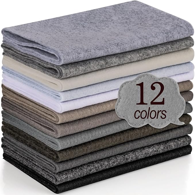 XSEINO 12 Rolls 8"x35"(20.5x90cm) 1.4mm Thick Soft Felt Fabric Sheet 12 Assorted Black White Gray Series Colors Felt Pack for DIY Craft Sewing Squares Nonwoven Patchwork