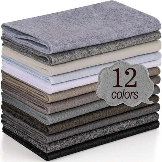 XSEINO 12 Rolls 8"x35"(20.5x90cm) 1.4mm Thick Soft Felt Fabric Sheet 12 Assorted Black White Gray Series Colors Felt Pack for DIY Craft Sewing Squares Nonwoven Patchwork