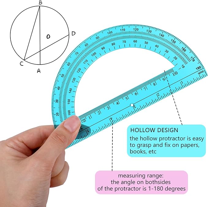 EBOOT 24 Pack Plastic Protractors Math Protractor 180 Degrees 6 Inch (Pink, Blue)