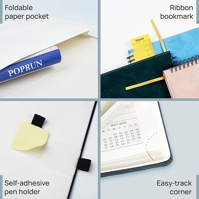 POPRUN Weekly Planner 2026 Pocket Size Calendar (4" x 6.25") 12 Months Notebook with Horizontal Layout, Leather Soft Cover, Inner Pocket, 100GSM Thick Paper, Pen Holder - Soft Pink