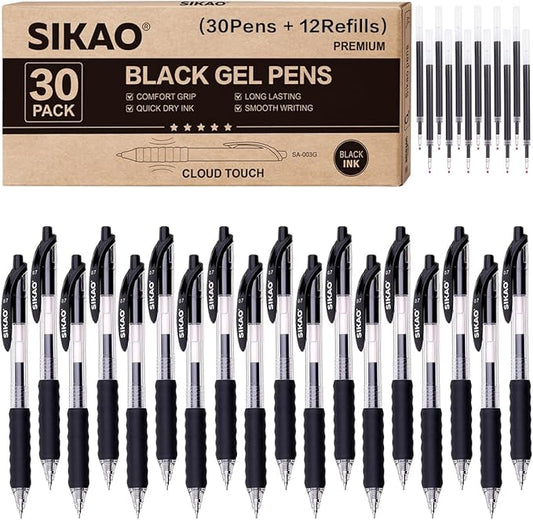 Black Gel Pens Bulk 30 Pack Black Pens Fine Point Smooth Writing No Smudge, CLOUD TOUCH Grip 0.7mm Gel Ink, Retractable Rollerball Click Pens for Server Office School, Lapiceros (BLACK)