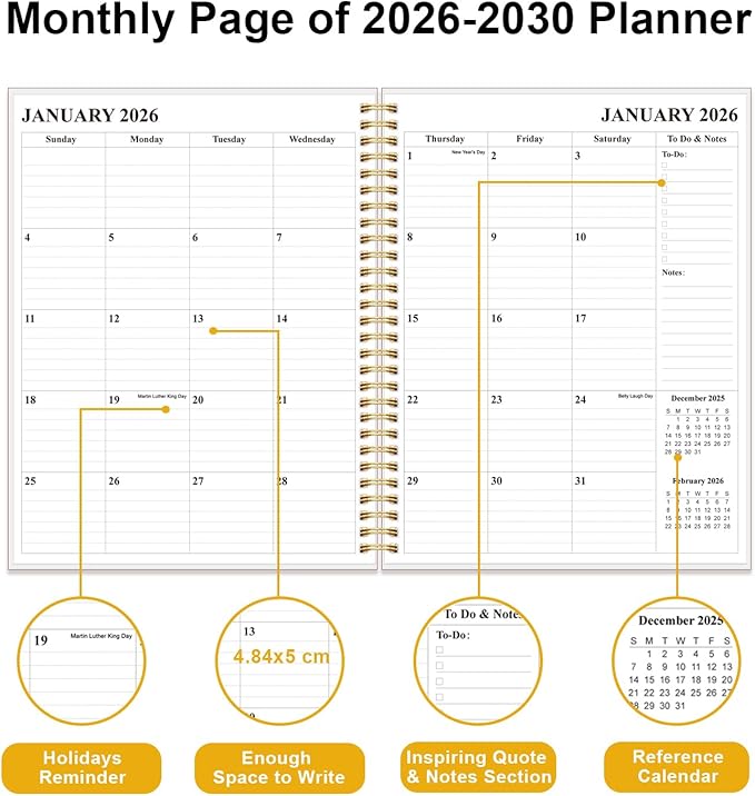 2026-2030 Monthly Planner - 60 Month PLanner Calendar from January 2026 to December 2030, 5 Year Planner 2026-2030 with Flexible Cover, Inner Pocket, Perfect for Home | School | Office, 8.5" x 11", Blue