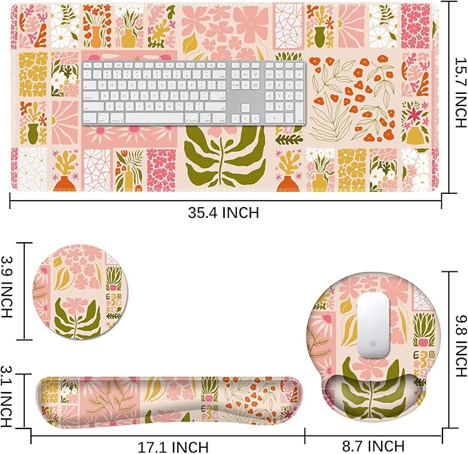DINKY Desk Mat Mouse Pad, XXL Large Gaming Mouse Pad with Wrist Rest Wrist Support, Ergonomic Mouse Pads, Keyboard Wrist Rest, Desk Accessories Decor, Checkered Flower Plant