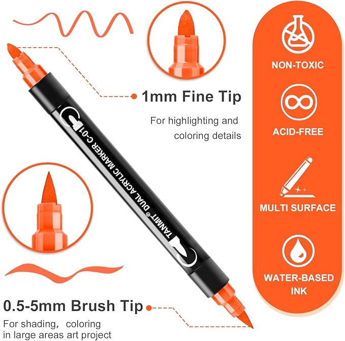 48 Colors Acrylic Paint Pens, Dual Tip Acrylic Paint Markers with Brush Tip and Fine Tip, Acrylic Pens for Rock Painting, Wood, Canvas, Stone, Glass, Ceramic,DIY Crafts Making Art Supplies