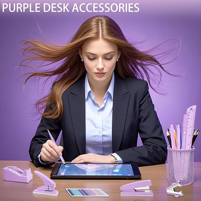 Purple Desk Accessories Set - 16 Pcs Purple Office Supplies with Stapler, Tape Dispenser, Pen Holder, Staple Remover, Hole Punch, Staples Aesthetics Desk Sets for Office, Home, School Women