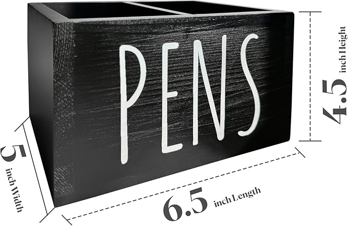 Wood Pencil Holder for Classroom - 6’’ Wooden Black Pen Holder for Desk, 2 Compartment Pen Storage and Color Pencil Organizer for Desk, Cute Stationery Supplies for Classroom, Black