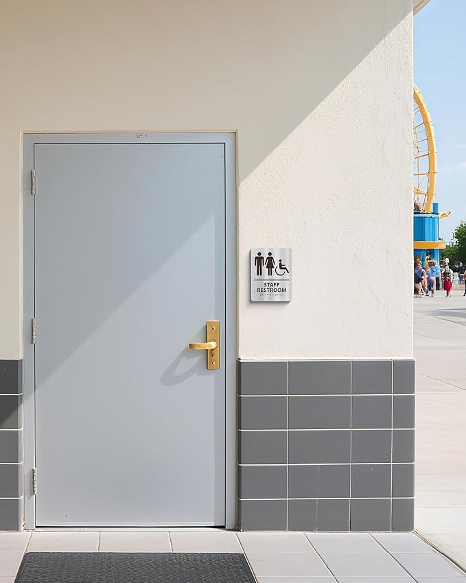 ADA-Compliant Employee Only Restroom Sign with Braille – Modern Aluminum Staff Bathroom Door Sign for Offices, Restaurants, Retail Stores, and Workplace with Easy Installation - 6" W x 8" H