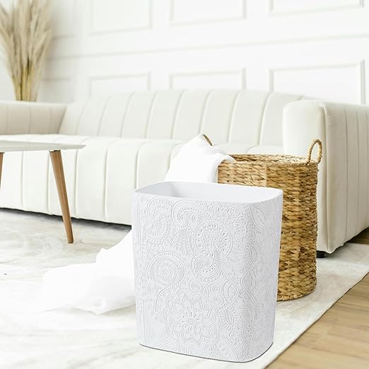 Polytree White Boho Flowers Bathroom Trash Can 1.8 Gallon(7 Liter) Small Kitchen Garbage Can,Living Room Bedroom Trash Can, Decor Wastebasket for Home Office