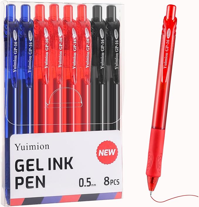 Gel Pens, 8 Pack Retractable Gel Ink Rollerball Pens Fine Point (0.5mm) for Smooth Writing, Black Red Blue Ink, for Women Men Journaling, School and Office Supplies