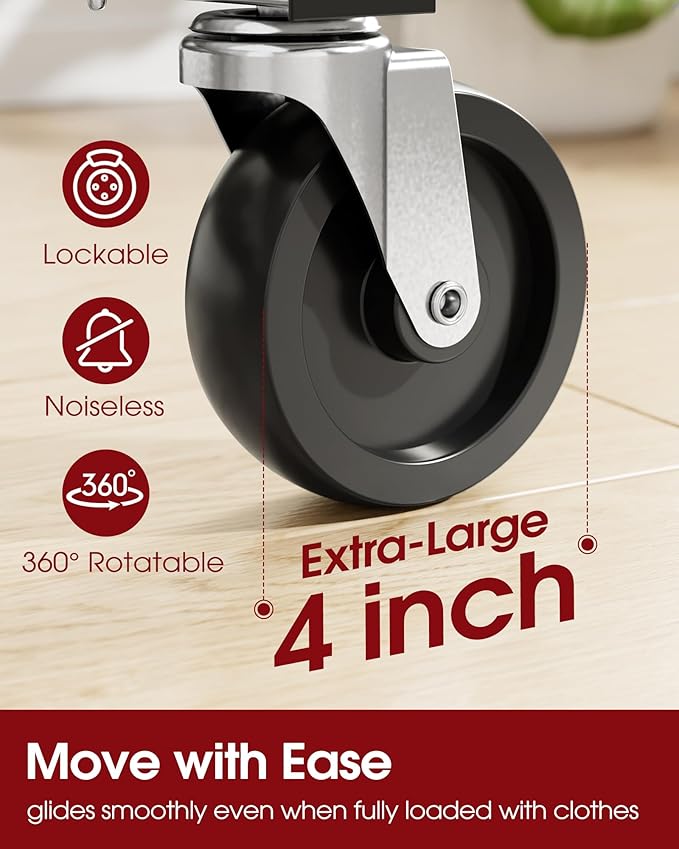 Heavy-Duty Clothes Rack - Double-Rod Stainless Steel Garment Rack with 4-inch Lockable Wheels, Clothing Racks for Hanging Clothes in Bedroom, Laundry Room, 43.3"×16.5"×61.0", Silver