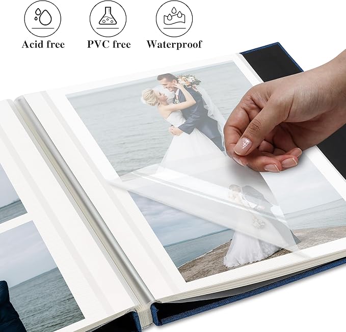 Self Adhesive Photo Album, Navy Blue Scrapbook Album with DIY 60 Blank Pages, Wedding Photo Album with A Metallic Pen for 4x6 5x7 2x3 Pictures, 10.6"x11"
