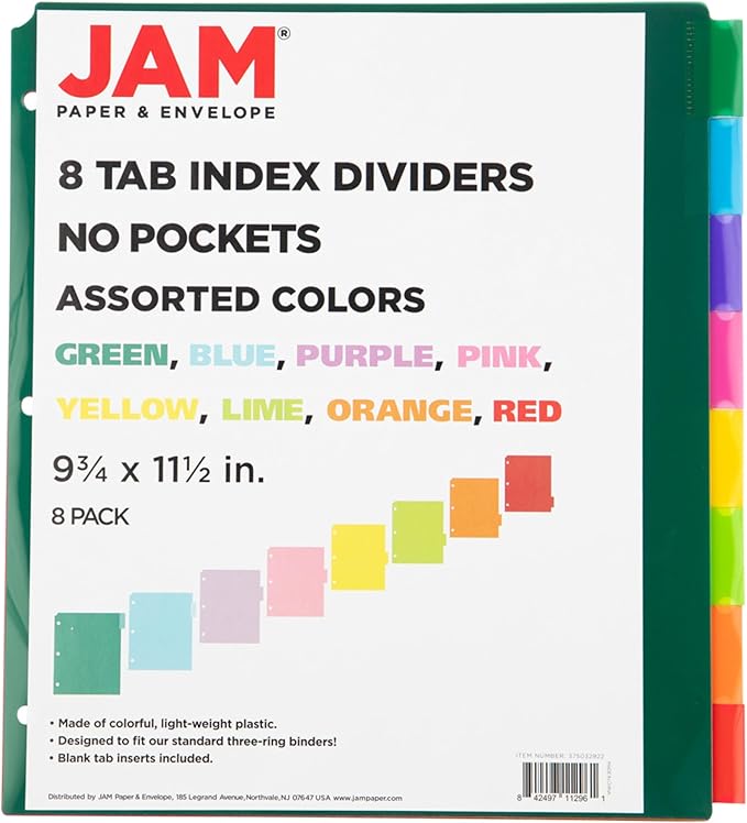 JAM PAPER Plastic Index Tab Dividers - 8-Tab - 9 3/4 x 11 1/2 - Multicolor - 8 Tabbed Dividers/Pack