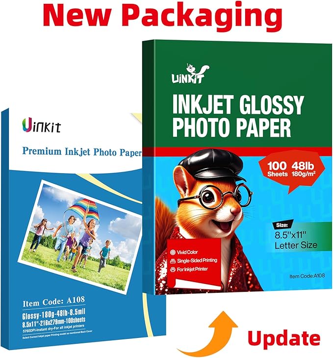 Uinkit 100 Sheets Inkjet Photo Paper Glossy 8.5x11 48lb 180Gsm Professional Photographic Paper Letter Size 8.5Mil Instant Dry Suitable for All Ink Printers