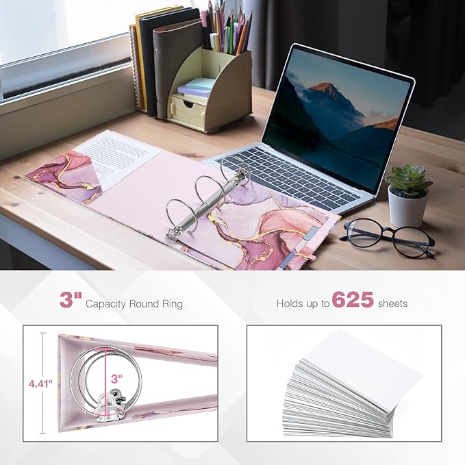 Ospelelf 3 Ring Binder for Letter Size Paper with 5 Tab Dividers, 3 Inch Ring, 4.4 Inch Spine, Pink Large Binder with Clip for School and Office Supplies