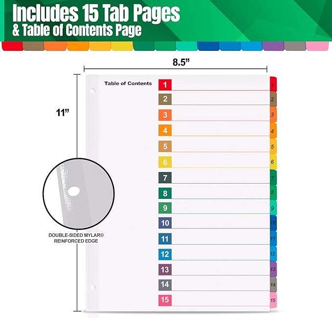 Tab Dividers for 3 Ring Binders – 6 Sets, 1–15 Numbered Index Dividers with Table of Contents – 8.5 x 11 in, 3-Hole Punched – Binder Dividers for School, Office, Filing, Organizing - 6 Pack