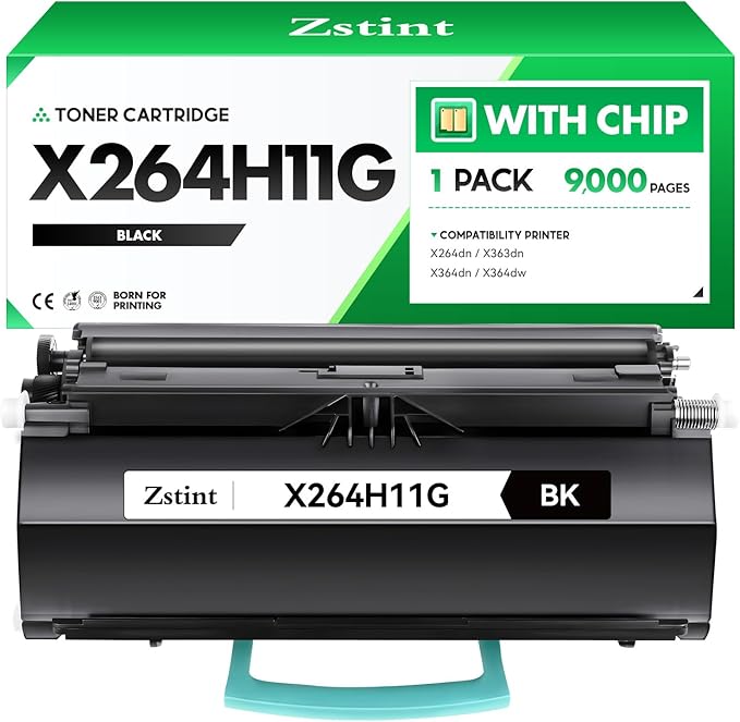 X264H11G Toner Cartridge Black 1-Pack High Yield with Chip Replacement for Lexmark X264 X264A11G X264H11G Toner Compatible with Lexmark X264dn X363dn X364dn X364dw X363 Series Printers (9,000 Pages)