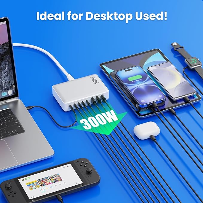 USB C Charger 300W USB C Charger Block 8-Ports GaN IV Fast Charging Station,PD 100W Laptop Charging Hub Wall Charge Adapter Compatible with MacBook/Air,DELL,Steam Desk,iPhone 16/15/14,Galaxy