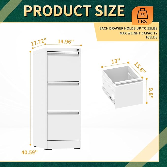 3 Drawer File Cabinet with Lock, Steel Vertical Filing Storage Cabinet for Home Office, Heavy-Duty File Cabinets for Letters/Legal/A4 (Require Assembly, White)