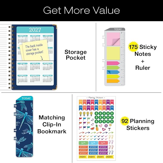 HARDCOVER 2026 Planner, 5.5"x8": 14 Months (November 2025 - December 2026), Daily Weekly Monthly Planner, Yearly Agenda, Bookmark, Pocket Folder and Sticky Note Set (Dragonflies)