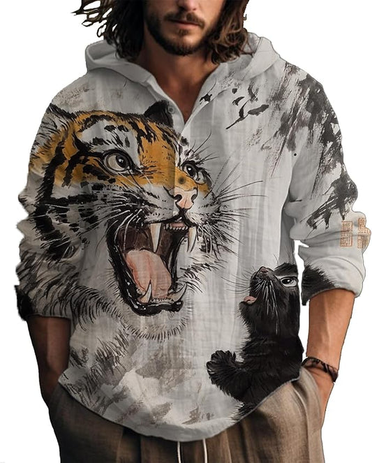 MARSVOVO Hooded Long Sleeve Shirt Men Fashion Graphic Button Up Lightweight Big and Tall Casual Vacation Shirts for Men