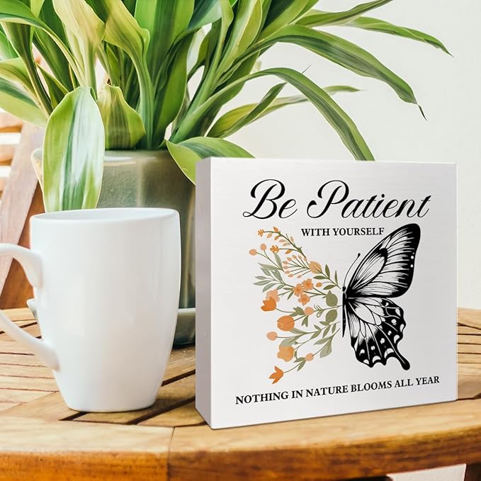 Therapy Office Desk Wooden Box Sign Decor, Mental Health Wood Box Sign Decorations for School Psychologist Therapy Office, Gifts for Therapist Psychologist School Counselor, Be Patient with Yourself