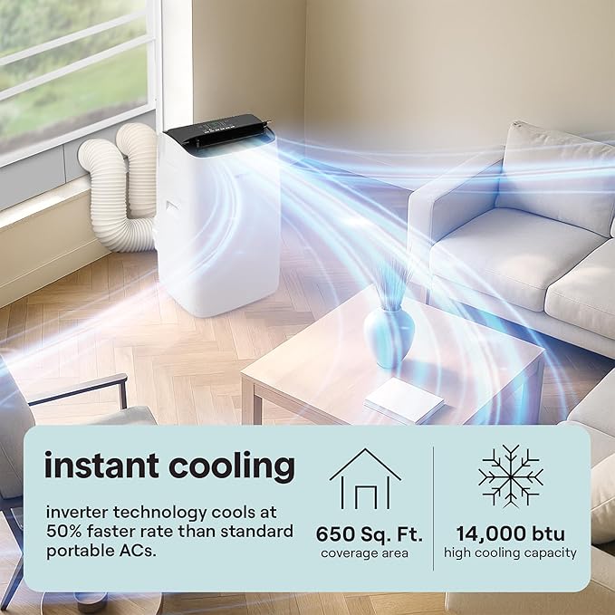 SereneLife 14000 BTU Portable Inverter Air Conditioner, 115V Smart Cooling & Heating with WiFi, Energy Efficient, For Bedrooms, Living Spaces & Offices, 650 Sq Ft Coverage, (White)