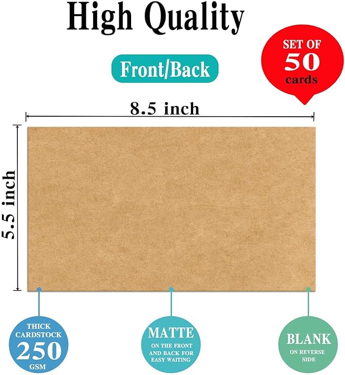5.5x8.5 Blank Cardstock Paper (Set of 50) Plain Kraft Cards - 80lb Flat Cards Stock Printer Paper for Make Your DIY Invitations, Note, Greeting, Table Cards - Writing, Stamping, Drawing, Painting