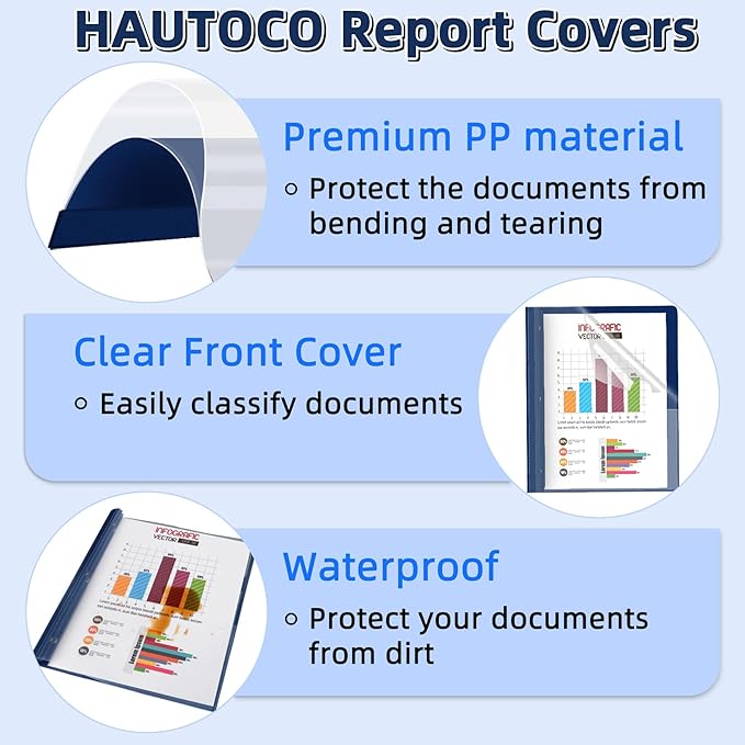 HAUTOCO 12 Pack Plastic Report Covers with 3-Prong Fasteners Clear Front Resume Portfolio Folder for 8.5x11 Letter Size Paper, Presentation Document Report Folders for Office School Use, Navy Blue