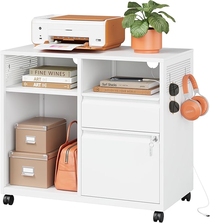 Metal File Cabinet,Lateral Filing Cabinet with Lock for Letter/A4 Size Files,Rolling Printer Stand with Open Storage Shelves for Home Office(White)
