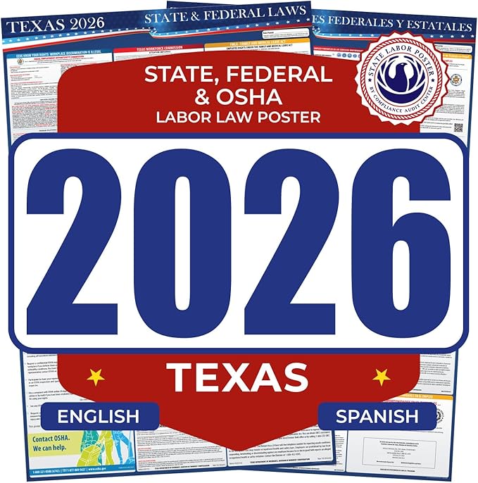 2026 Texas State and Federal Labor Law Poster - English Spanish Combo - OSHA Workplace Compliant - Mandatory Regulations All-In-One Required Compliance Posting for Employees - 17" x 40" - Laminated (Combo)