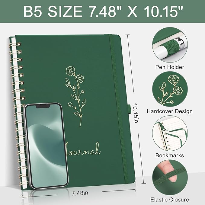 EMSHOI Lined Spiral Journal Notebook for Women & Men, 140 Numbered Pages, College Ruled Hardcover Notebook for Work & Note Taking, Journals for Writing, B5(7.48"x10.15") - Dark Green