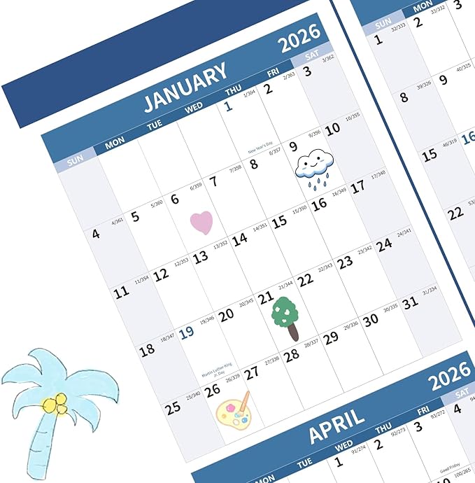 2026 Wall Calendar 34.8" x 22.8" Large Vertical Yearly Wall Hanging Calenda with Julian Date Thick Paper Calendar 12 Month Annual Wall Planner for Wall Office Fridge(Blue)
