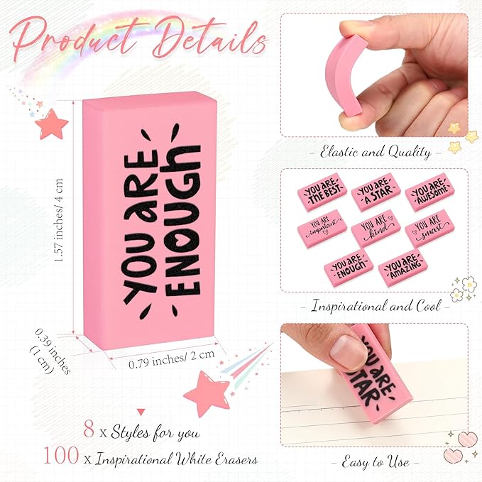 PerKoop 100 Pcs Pcs Inspirational Pink Erasers Bulk Small Motivational Block Pencil Erasers Back to School Gifts for Classroom Students Teachers Office Stationery Supplies