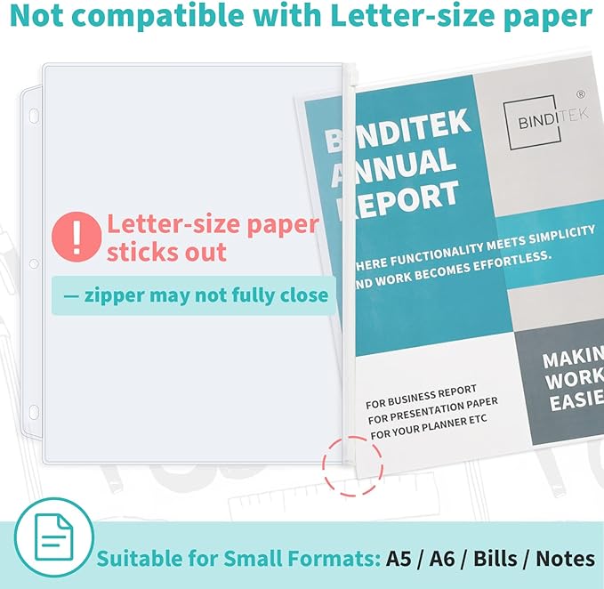 Binditek 40 Pack Plastic Zippered Binder Pockets, 3-Hole Punched for 3 Ring Binder, Clear PVC with Multicolor Zippers, Waterproof Loose Leaf Bag Pouch for Document Filing and Storage