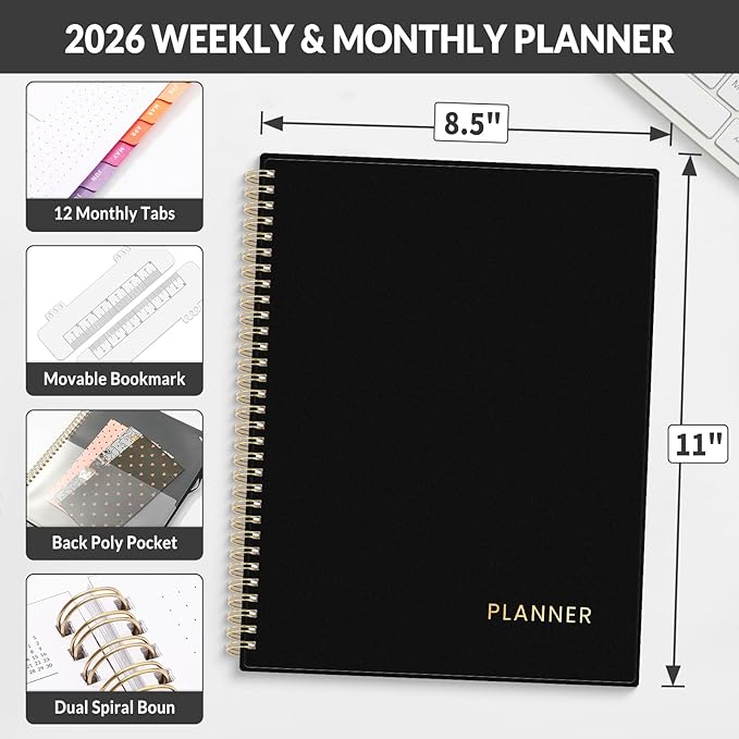 2026 Planner SUNEE Weekly and Monthly Planner - January 2026-December 2026, 8.5"x11" Half Weekly Half Note, Daily 2026 Calendar Planner with PVC Waterproof Cover, Monthly Tab, Note, Bookmark, Black