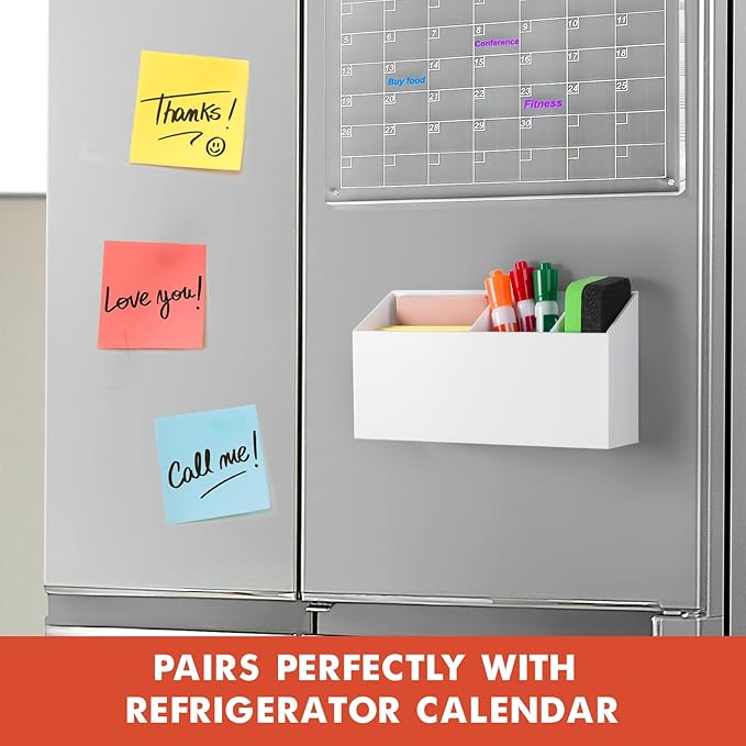 Magnetic Dry Erase Marker Holder, Acrylic Magnet Pen Holder for Whiteboard, Refrigerator, Magnetic Fridge Organizer for Office, Classroom, Whiteboard Maker Storage, Locker Organizer(White)