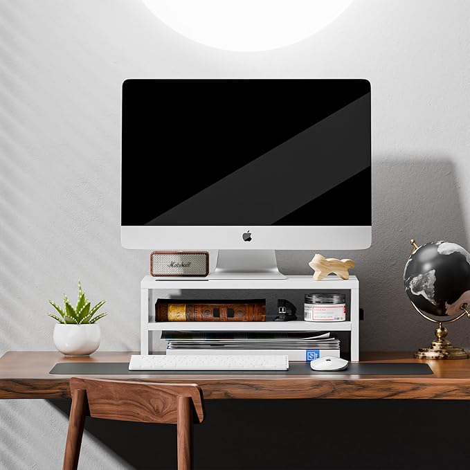 Marbrasse Monitor Stand Riser, 16.5 Inch 2 Tier Computer Printer Shelf Stand for Laptop Computer Screen Storage, Desktop Stand with Phone Holder and Cable Management (White)