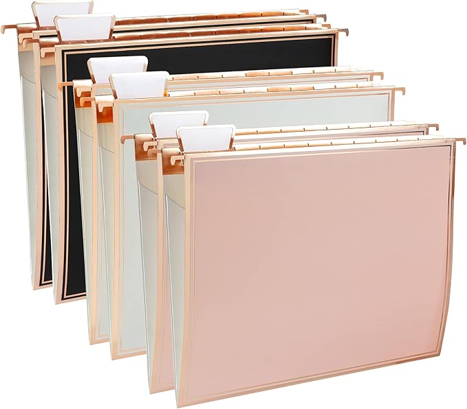 Y YOMA 6 Pack Rose Gold Hanging File Folders with Pocket Letter Size Decorative File Folder Cute Pretty Hanging Folder for Office Home School with 1/5-Cut Adjustable Tabs, Inner Storage Pockets