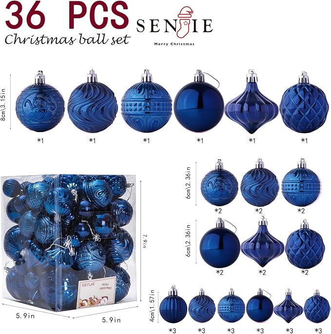 Senjie 36pcs Night Blue Christmas Ornaments Set with 7 Styles Multi-Size Shatterproof Christmas Tree Decorations