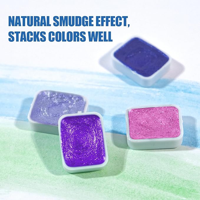 Mini Glitter Watercolor Paint Set with Paper, 24 Colors Shimmer Metallic Watercolour Painting Sets, Solid Pearl Water Color Paints for Adult, Kids, Purple 1ml Trial Pack(Mysterious Nebula)