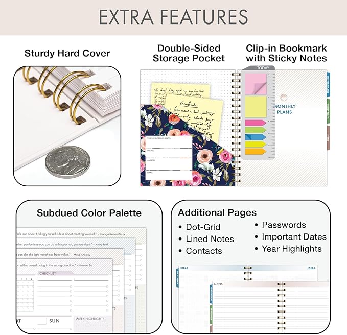 DELUXE ESSENTIAL PRO Undated Daily, Weekly & Monthly Planner,Monthly Tabs,Daily Tracking,Notes Pages,Storage Pocket,Bookmark w Sticky Notes (Small Navy Floral)