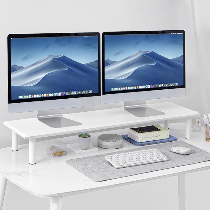 Bamboo Dual Monitor Stand Riser White, Desk Monitor Riser for 2 Monitors, Supports for PC Computer Monitor, Printer, Heavy TV Riser up to 300 lbs, White
