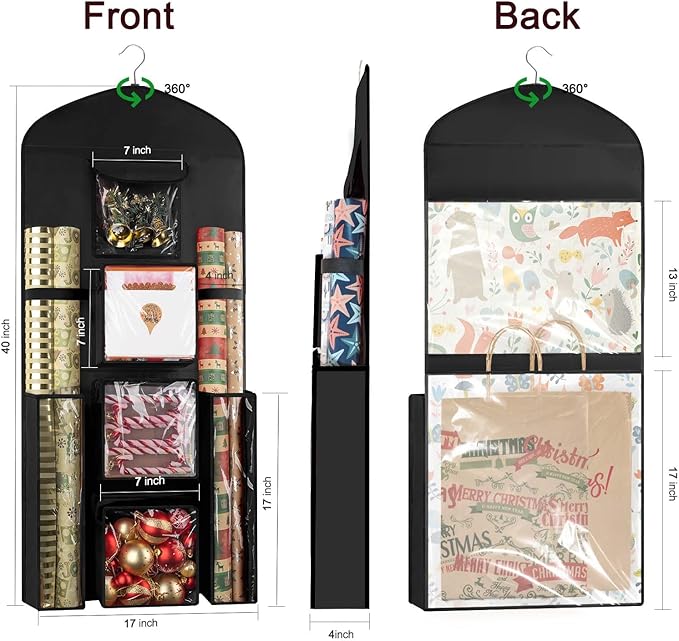 Hanging Gift Wrapping Paper Storage, 40"X17" Black Double-Sided Christmas Wrapper Bag Container, Oxford Craft Roll Organizer, Present Wrap Holder for Bedroom Closet, Door, Cabinet