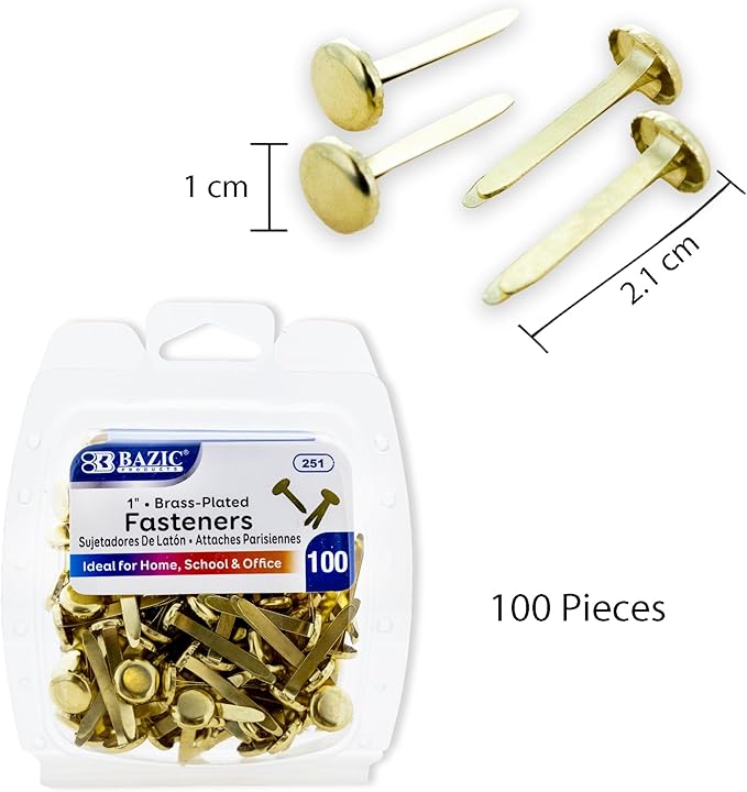 BAZIC Products Brass Plated Fasteners 1 Inch, Round Head Paper Fastener Brads for Office School Organization Scrapbooking Art and Crafts (100/Pack), 2-Pack