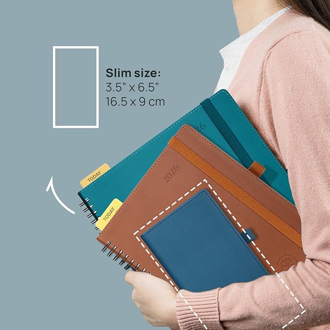 POPRUN 2026 Pocket Planner (Slim Size 3.5" x 6.5") Weekly and Monthly Calendar for Purse, with Hourly Time Slots, 100GSM Thick Paper, Spiral Soft Cover, Pen Holder - Black